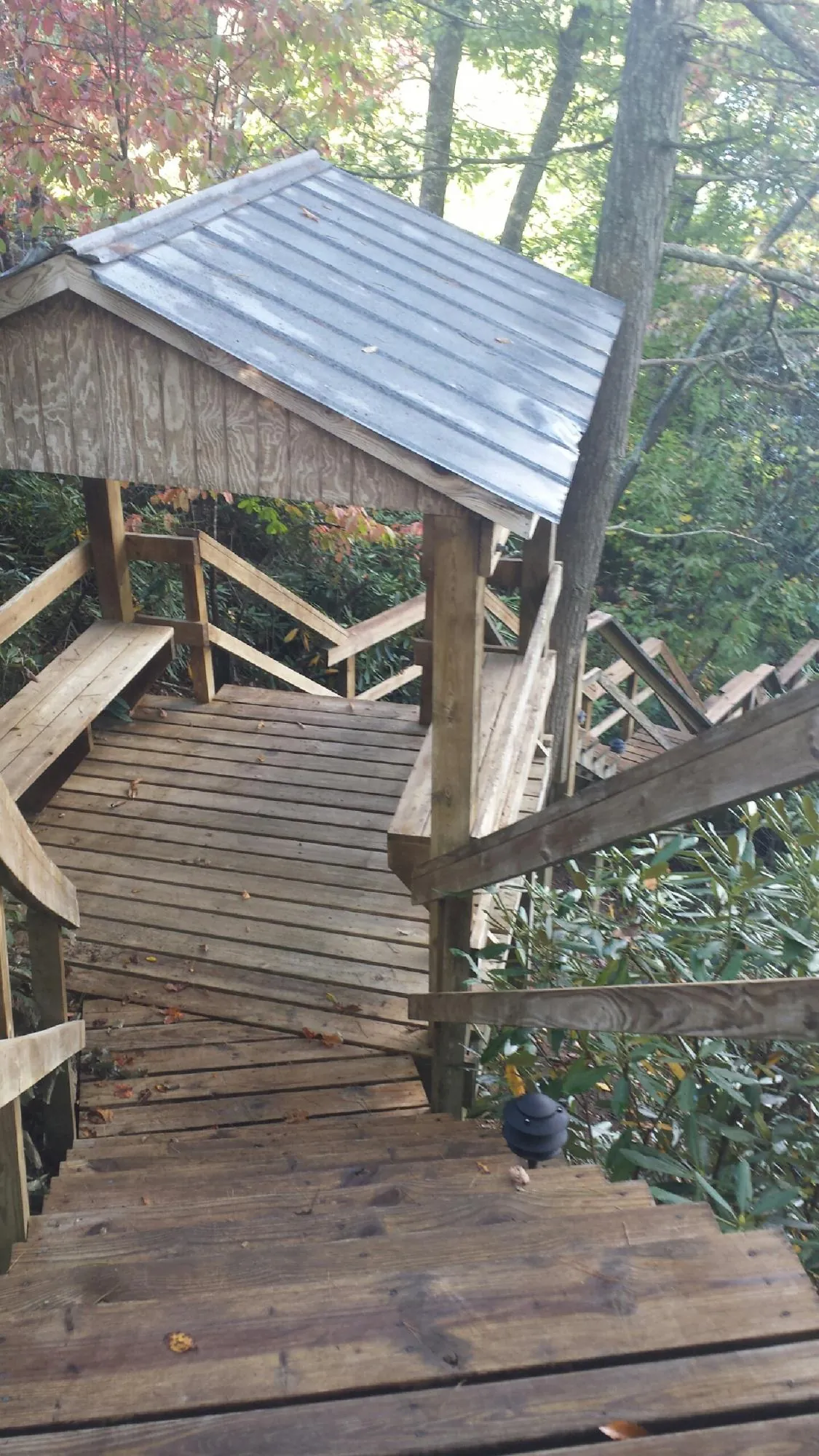 Metal roofed shelter over wooden steps on a wooded walkway — Skylight Repair & Installation work by our crew in Clatonia